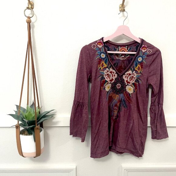 Johnny Was Darielle Flute Sleeve Tee Red Floral Embroidered Long Sleeve Top S - Picture 2 of 7